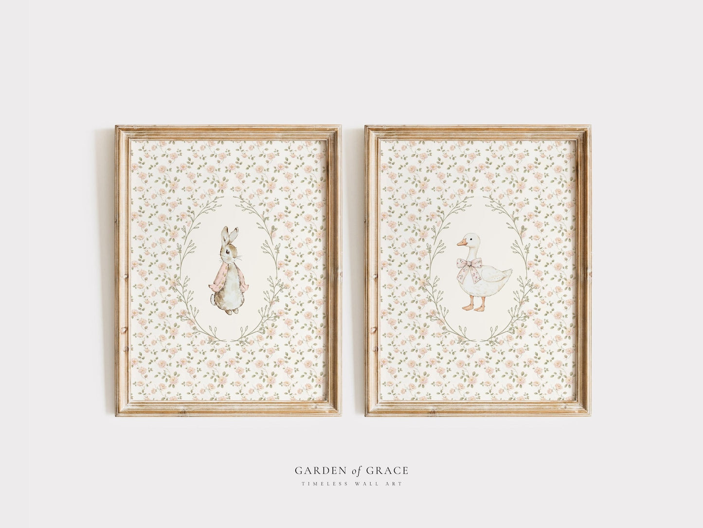 Floral Bunny and Goose Wall Art Print Set of 2 - Nursery Decor (Digital Download)