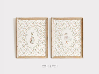 Floral Bunny and Goose Wall Art Print Set of 2 - Nursery Decor (Digital Download)