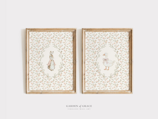 Floral Bunny and Goose Wall Art Print Set of 2 - Nursery Decor (Digital Download)