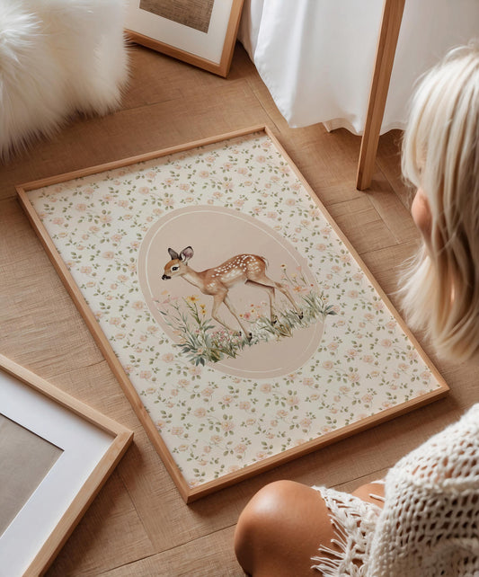 Nursery Wall Art Print – Floral Cottagecore Deer (Digital Download)