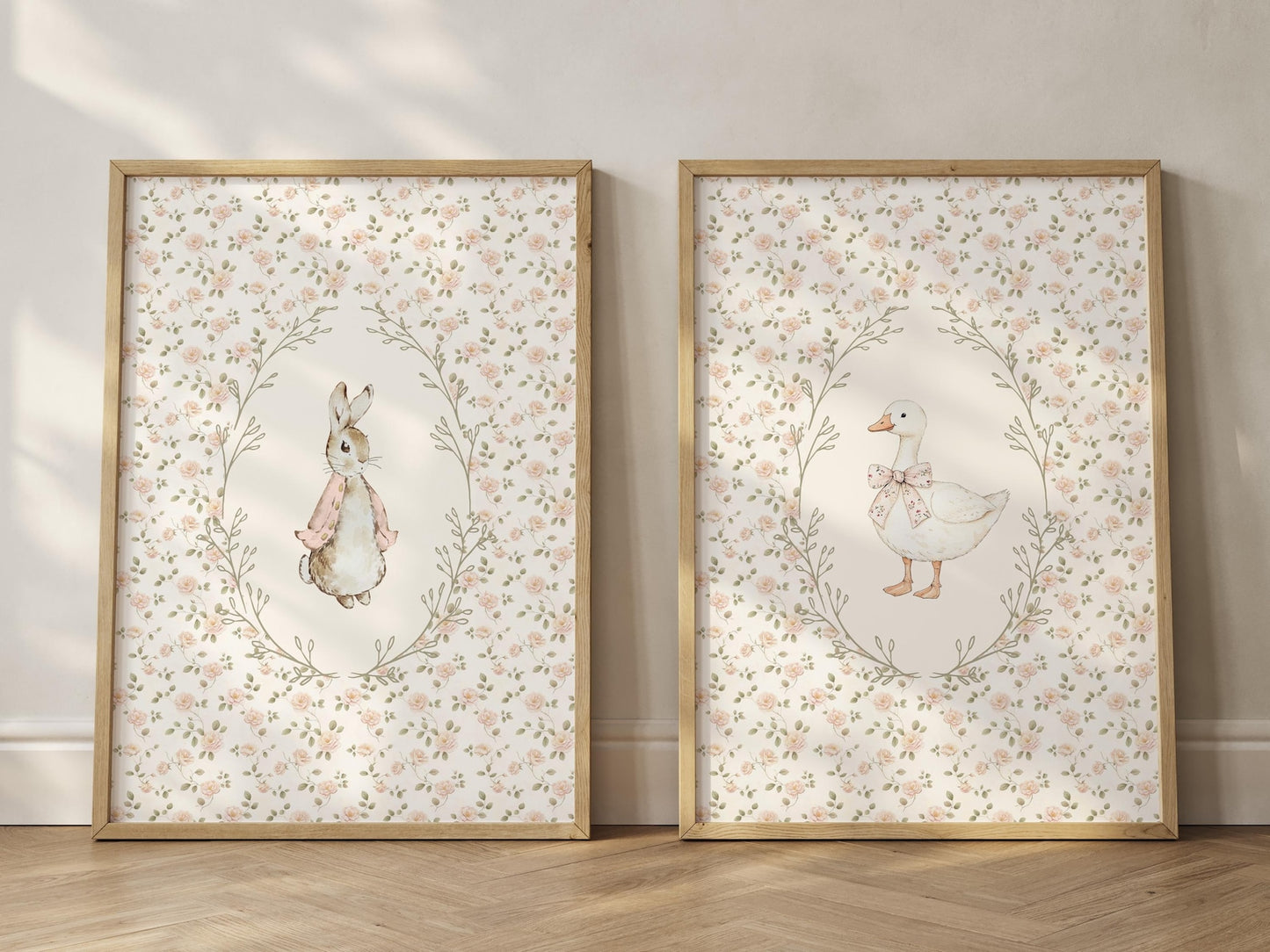 Floral Bunny and Goose Wall Art Print Set of 2 - Nursery Decor (Digital Download)