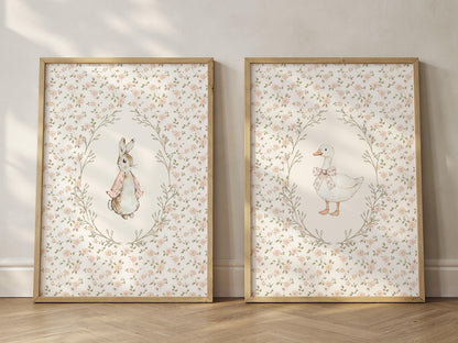 Floral Bunny and Goose Wall Art Print Set of 2 - Nursery Decor (Digital Download)