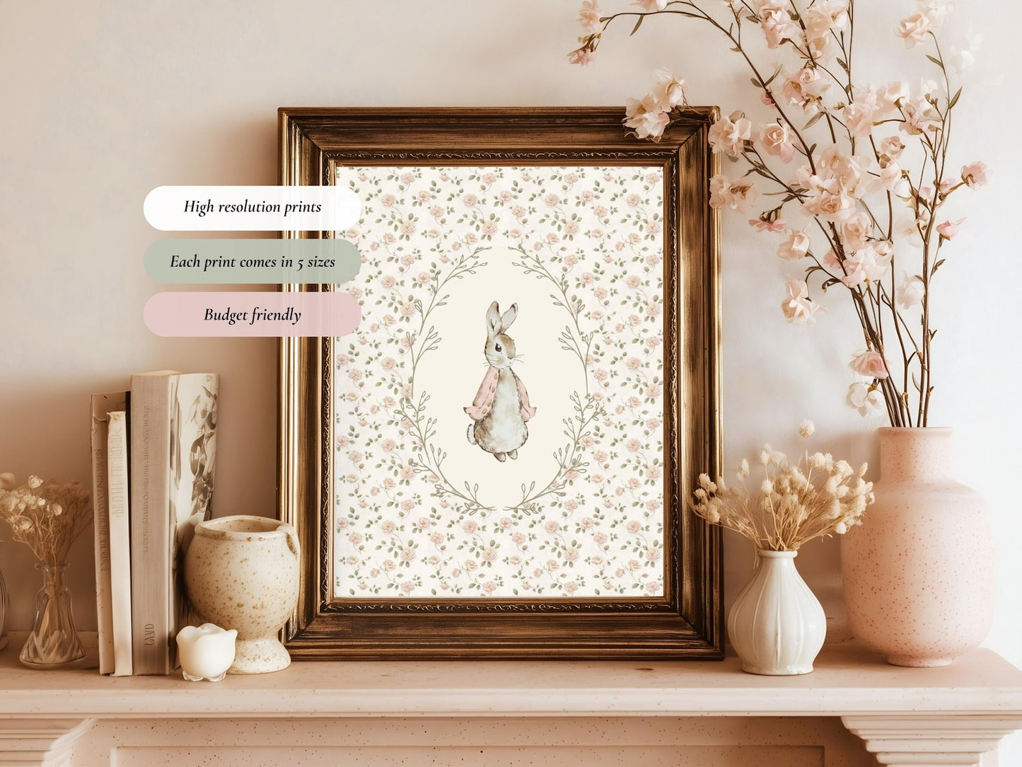 Floral Bunny and Goose Wall Art Print Set of 2 - Nursery Decor (Digital Download)