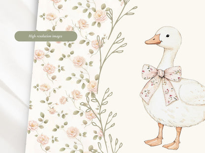 Floral Bunny and Goose Wall Art Print Set of 2 - Nursery Decor (Digital Download)