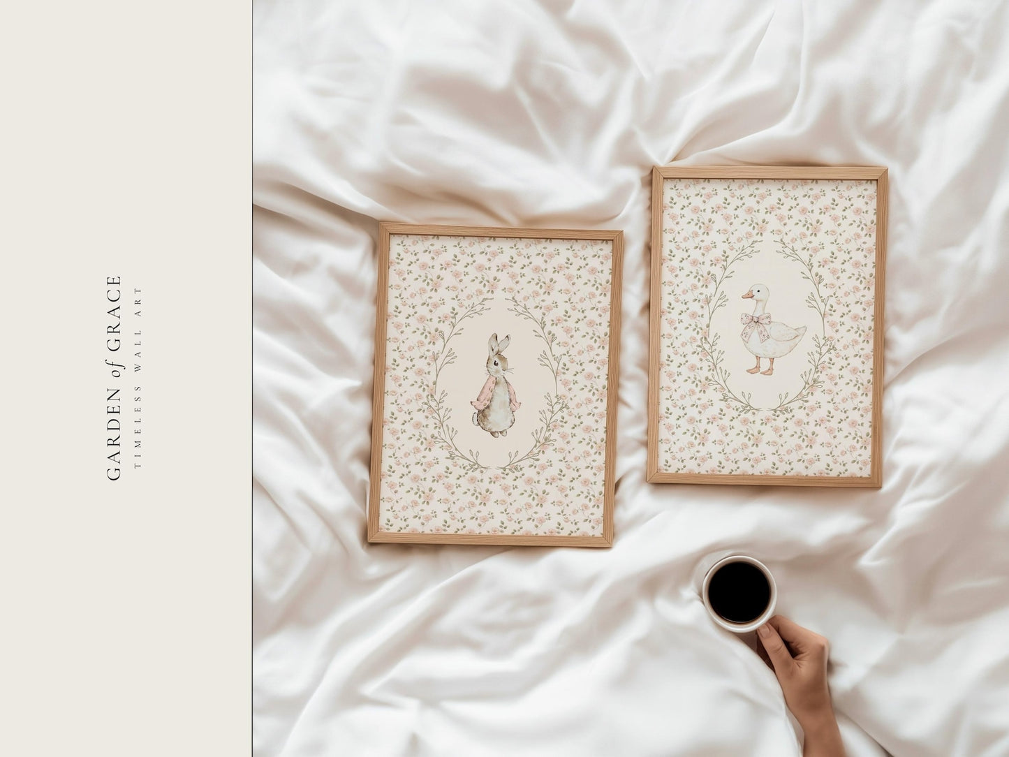 Floral Bunny and Goose Wall Art Print Set of 2 - Nursery Decor (Digital Download)