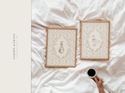 Floral Bunny and Goose Wall Art Print Set of 2 - Nursery Decor (Digital Download)